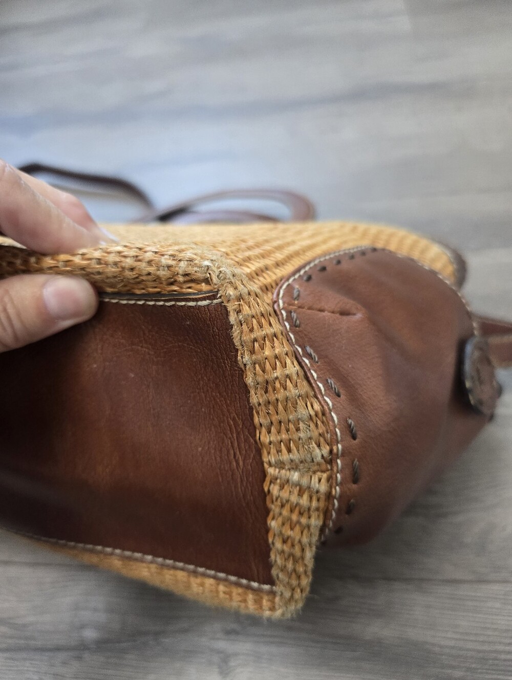 Fossil woven straw and brown leather trim satchel Vintage Cottagecore Fisherman - Picture 6 of 12
